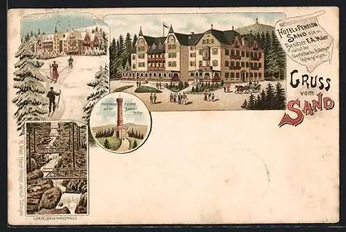 Lithographie Sand, Hotel & Pension Sand, Friedrich Thurm, Gertelbach-Wasserfälle, Skiläufer
