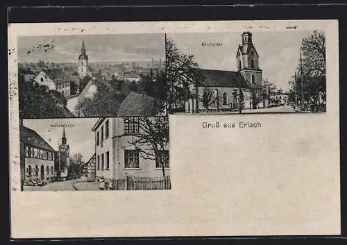 AK Erlach, Totalansicht mit Kirche, Kirchplatz, Schulstrasse