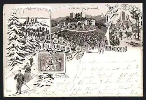 Winter-Lithographie Alt-Windeck, Ortspartie, Burg Windeck, Wappen der Ritter