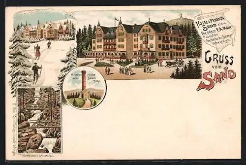 Lithographie Sand, Hotel & Pension Sand, Friedrich Thurm, Gertelbach-Wasserfälle, Skiläufer