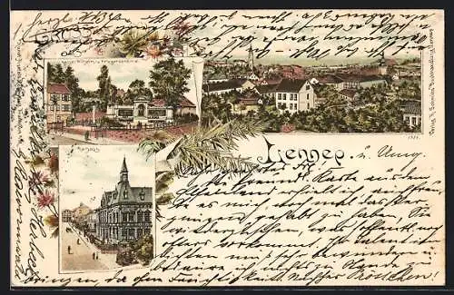 Lithographie Lennep, Rathaus, Kaiser Wilhelm und Kriegerdenkmal