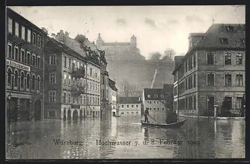 AK Würzburg, Hochwasser 1909, Strassenpartie mit Antiquitätengeschäft