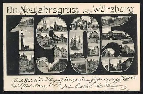 AK Würzburg, Kirche, Turm und Tor mit Strassenbahn in Jahreszahl 1905, Neujahrsgruss