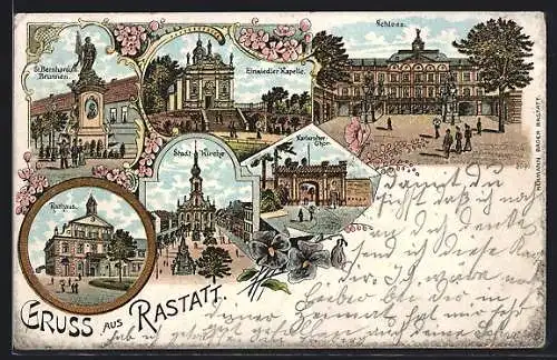 Lithographie Rastatt, Schloss, Karlsruher-Chor, Einsiedler Kapelle, Rathasu, St. Bernardus Brunnen