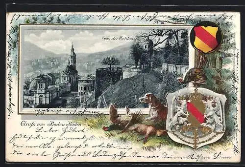 Passepartout-Lithographie Baden Baden, Ortspartie mit Kirche von der Schlossterrasse aus, Wappen