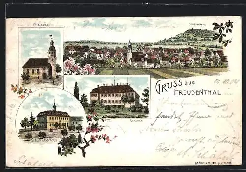 Lithographie Freudental, Kirche, Schloss, Schule und Rathaus, Ort mit Schönenberg