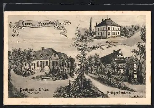 Künstler-AK sign. Hans Pernat: Fessenbach, Gasthaus zur Linde W. Müller, Kriegerdenkmal und Schulhaus