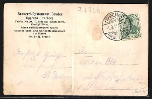AK Oppenau i. Renchtal, Brauerei-Restaurant Bruder, Ortsansicht
