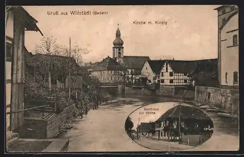 AK Willstätt /Baden, Gasthaus zur Krone J. Bohleber, Ortspartie Kirche mit Kinzig