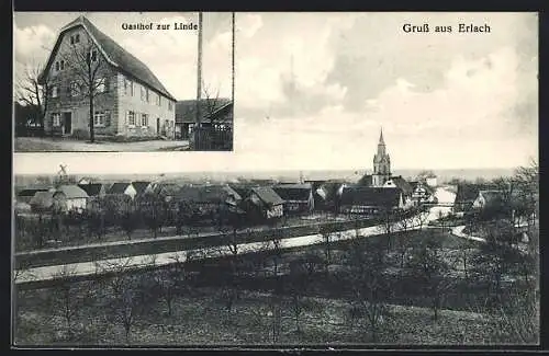 AK Erlach, Gasthof zur Linde M. Langenekert, Ortsansicht mit Fluss aus der Vogelschau