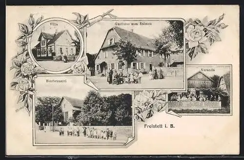 AK Freistett, Bierbrauerei, Villa, Gasthaus zum Salmen, Aussenansicht und Veranda