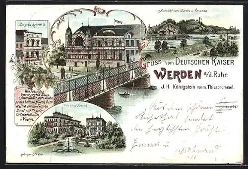 Lithographie Werden a. d. R., J. H. Königstein`s Hotel & Restaurant, Villa Hügel / Krupp, Aussicht v. Garten & Veranda