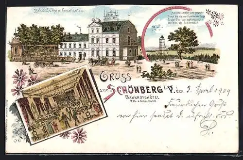 Lithographie Schönberg i. V., Bahnhofshotel A. R. Eger mit Ballsaal und Garten, Stelzenbaum