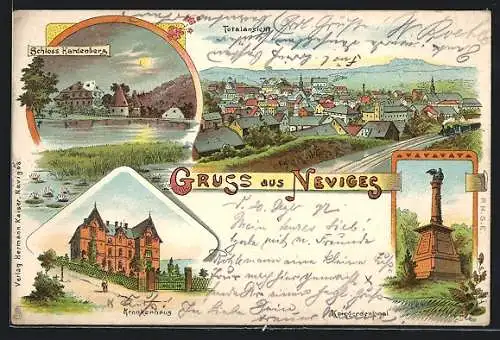 Lithographie Neviges, Schloss Hardenberg, Krankenhaus, Kriegerdenkmal