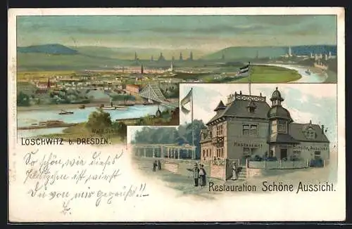 Lithographie Dresden-Loschwitz, Gasthaus Restauration Schöne Aussicht E. Thomas, Gesamtansicht mit Elbe und Fernblick