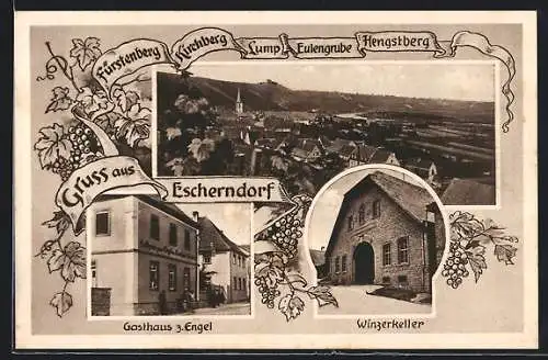 AK Escherndorf /Volkach, Gasthaus zum Engel L. Blendel, Winzerkeller, Ortsansicht aus der Vogelschau