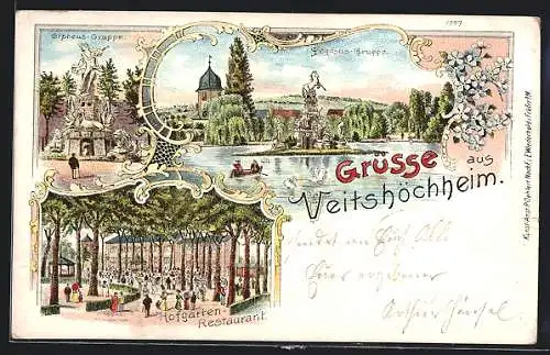 Lithographie Veitshöchheim, Hofgarten-Restaurant, Orpheus- und Pegasus-Gruppe