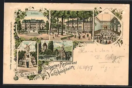 Lithographie Veitshöchheim, Schloss, Restaurant, Orpheus, Grosser See mit Pegasus und Wasserturm