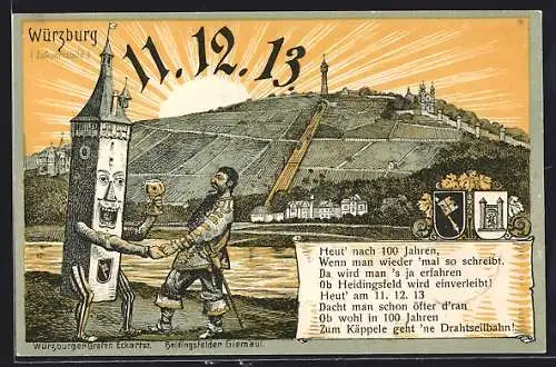 Lithographie Würzburg, Zukunftsbild, Datum 11.12.13, Ritter u. Turm in Menschengestalt, Ortsansicht mit Seilbahn, Wappen