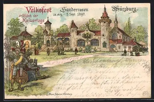Lithographie Würzburg, Volksfest Sanderrasen 1897, Besucher auf dem Festgelände