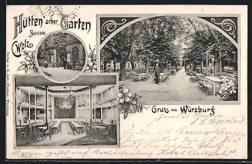 AK Würzburg, Gasthaus Hutten`scher Garten, Saalansicht, Garten