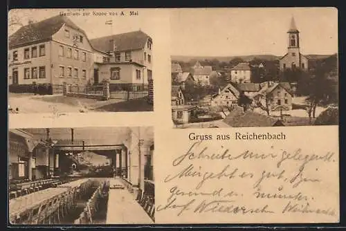 AK Reichenbach, Gasthaus zur Krone von A. Mai, Innenansicht, Ortspartie mit Kirche