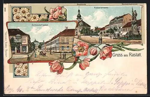 Lithographie Rastatt, Schlossstrasse mit Gasthof zum Wagen, Kaiserstrasse mit Stadtkirche und Berhardusbrunnen