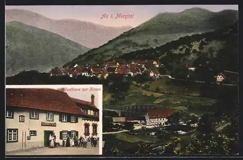 AK Au i. Murgtal, Gasthaus zur Krone, Gesamtansicht mit Brücke und Bergpanorama