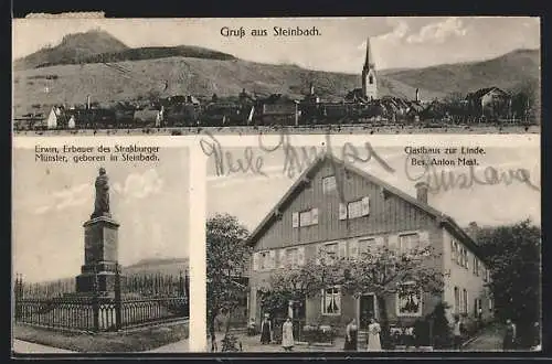 AK Steinbach, Gasthaus zur Linde A. Mast, Erwin-Denkmal, Panorama mit Bergblick
