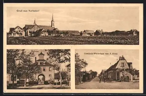 AK Karlsdorf, Gemischt-Warenhaus von F. Klein, Rathaus, Teilansicht