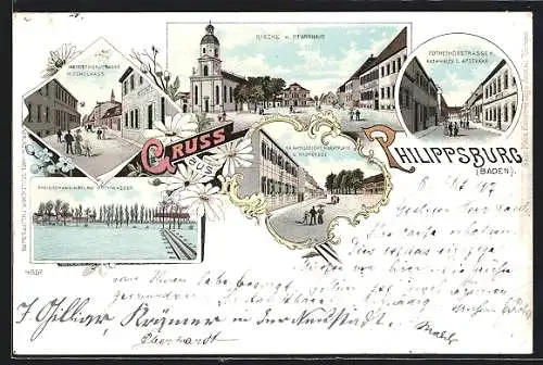 Lithographie Philippsburg i. Baden, Kirche und Pfarrhaus, Rheinschanzinsel b. Hochwasser