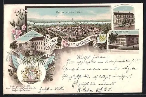 Lithographie Germersheim /Rh., Hotel Salmen, Wappen, Kriegerdenkmal und Kommandantur