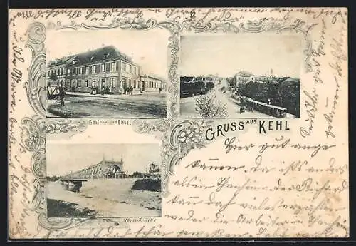 AK Kehl /Rh., Gasthaus zum Engel, Strassenpartie mit Strassenbahn, Rheinbrücke
