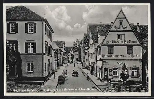 AK Güglingen / Württbg., Hauptstrasse mit Rathaus und Marktbrunnen