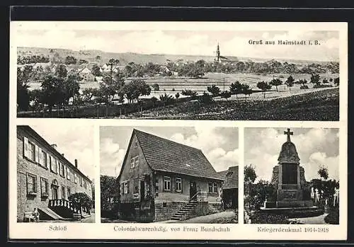 AK Hainstadt i. B., Gesamtansicht, Schloss, Colonialwarenhandlung von Franz Bundschuh, Kriegerdenkmal 1914-18