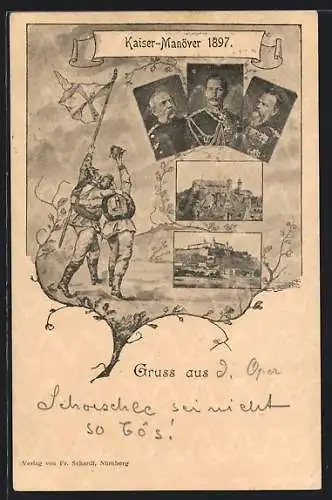 AK Kaisermanöver 1897, Soldaten mit Fahne, Portrait Kaiser Wilhelm II.