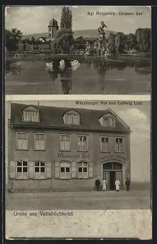 AK Veitshöchheim, Grosser See im Kgl. Hofgarten, Gasthaus Würzburger Hof von Ludwig Lutz