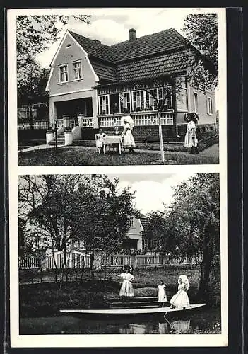 AK Burg i. Spreewald, Privat-Pension Villa Stenzinger, Frauen auf dem Stocherkahn