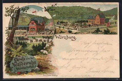 Lithographie Würzburg /Steinbachsthal, Gasthaus Waldesruhe, Garten