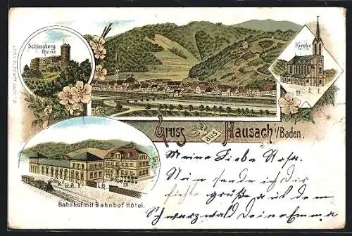 Lithographie Hausach i. Baden, Bahnhof mit Bahnhof Hotel, Schlossberg-Ruine, Kirche