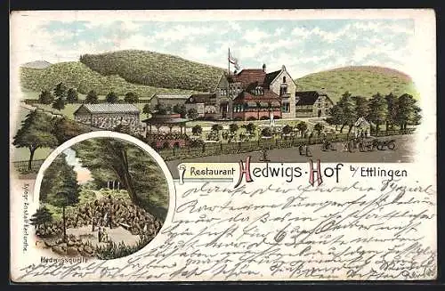 Lithographie Ettlingen, Restaurant Hedwigs-Hof, Hedwigsquelle