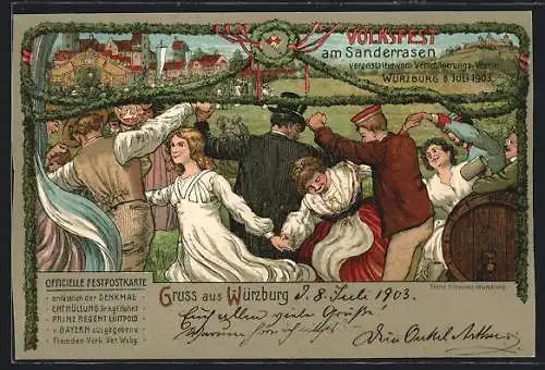 Lithographie Würzburg, Volksfest am Sanderrasen 1903, veranstaltet v. Verschönerungsverein