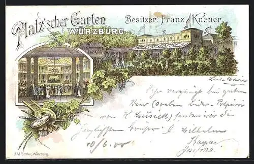 Lithographie Würzburg, Gasthaus Platz`scher Garten, Innenansicht