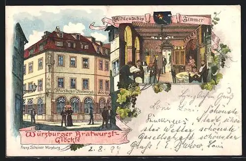 Lithographie Würzburg, Gasthaus Würzburger Bratwurst-Glöckle, Inneres Altdeutsches Zimmer