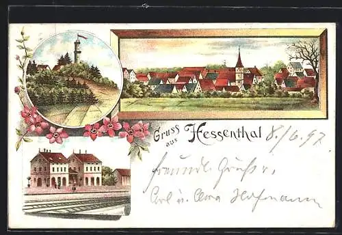 Lithographie Hessenthal, Teilansicht, Turm, Bahnhof