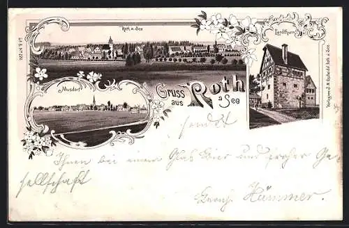 Lithographie Roth a. See, Ortsansicht, Musdorf, Landturm