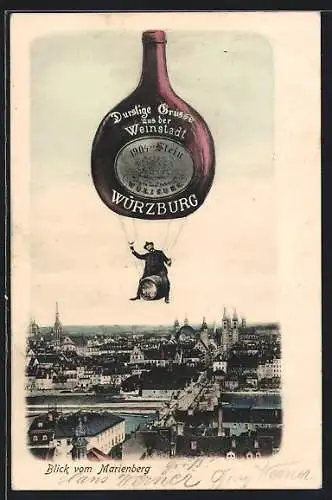 AK Würzburg, Blick vom Marienberg mit fliegendem Menschen