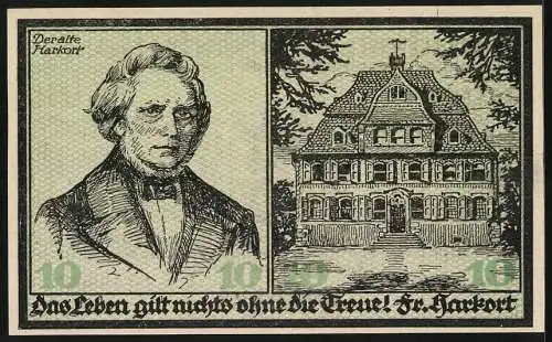 Notgeld Haspe 1918, 10 Mark, Der alte Harkort, Wohnhaus, Stadtwappen