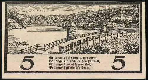 Notgeld Haspe 1918, 5 Mark, Talsperre, Stadtwappen