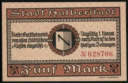 Notgeld Halberstadt 1918, 5 Mark, Stadtwappen